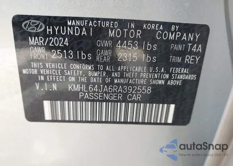 2024 Hyundai Sonata Sel z USA, uszkodzony, nr VIN KMHL64JA6RA392558